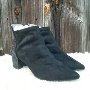 Black Suede Booties Size 8 Adrianna Papell Honey Glitter Heel Ankle Sock Boot